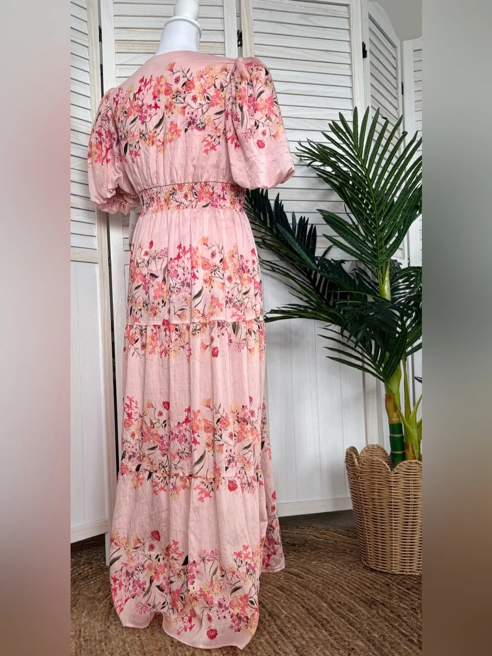 Taylor Floral Puff Sleeve Maxi Dress Pink Tiered Cottagecore Romantic Size 8 NWT